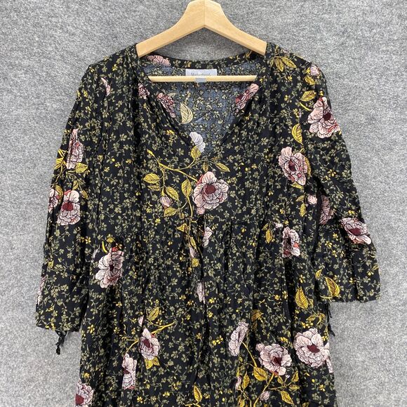 Motherhood Top Women M Maternity Black Floral 3/4 Sleeve V-Neck Rayon Blouse - Picture 3 of 9